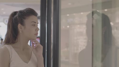 Selection and Choosing Concept. Woman Looking at Showcase of Luxury Store In