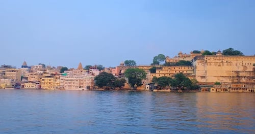 Udaipur City Ghat Lal Ghat and Udaipur City Palace View From Lake Pichola Rajasthan Udaipur India