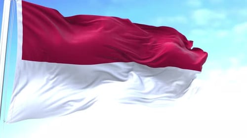 Realistic Red White Flag Waving in Wind Against Blue Sky