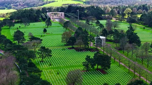 Aerial view of Normandy American Cemetery and white crosses in France