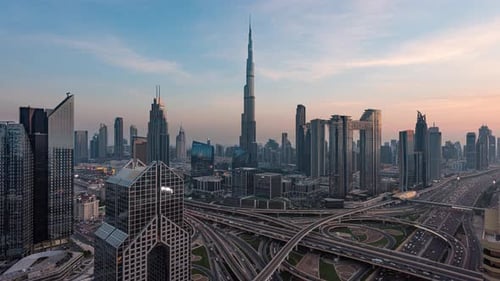 Downtown Dubai Sunset Timelapse with Clouds