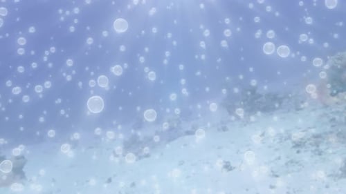 Underwater Bubbles Floating Upward Rising And Ocean Light Rays Shine - 4K