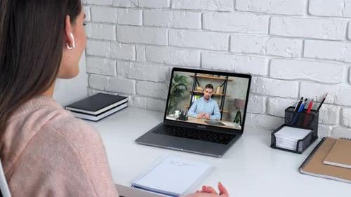 Woman at Home Office Talk Teacher Study Online Video Call Webcam Chat Laptop