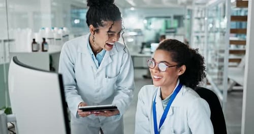 Science, women and high five with tablet in lab for success of medical research