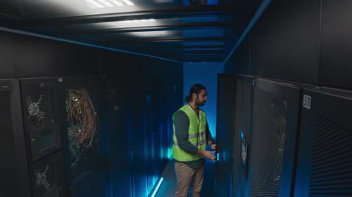 IT Technician Inspecting Servers in Data Center