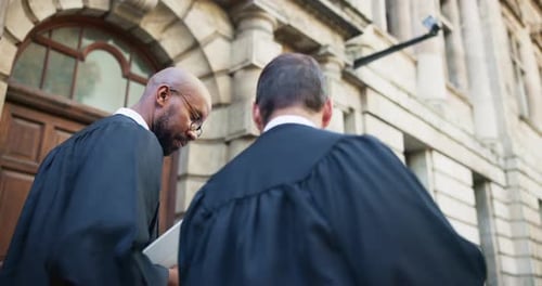 Judge, men and lawyer discussion in city for legal case collaboration, criminal justice