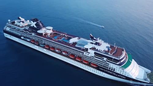 Large cruise ship docked at sea - Aerial footage