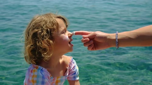 The Child Has Sunscreen on His Face Selective Focus
