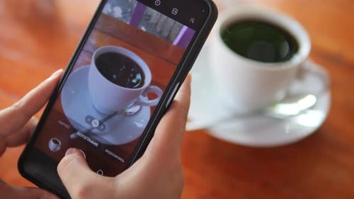 Taking Photo of Coffee with Smartphone, Close Up