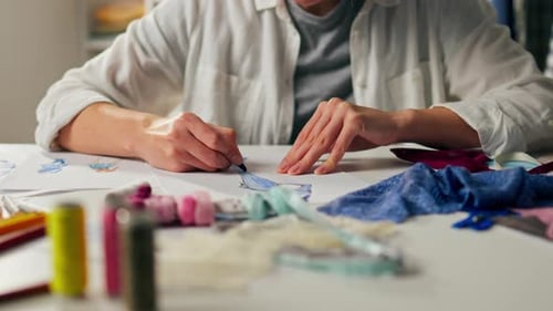 Young Girl Draws Sketches For A New Fashion Design. Fashion Designer Working In Studio, Workplace