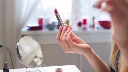 Vlogger Female Applies Lipstick on Lips Beauty Blogger Woman Filming Daily Makeup Routine Tutorial