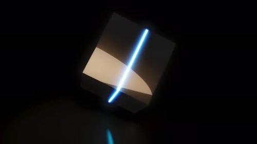 Farbiges LED-Licht, schwarzer Würfel auf Spiegeloberfläche, Intro Endless