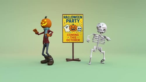 Dancing Halloween Characters with Party Sign Animation