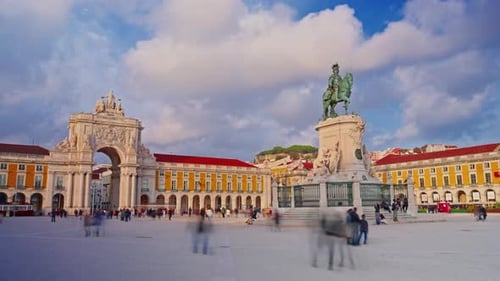 Lisbon Portugal Commerce Plaza Statue of King Jose I People Walking Around the Square Timelapse