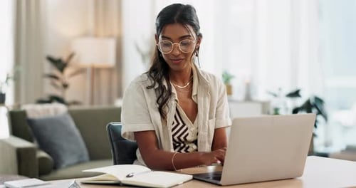 Woman, work from home notes and laptop for online research, creative planning and copywriting ideas