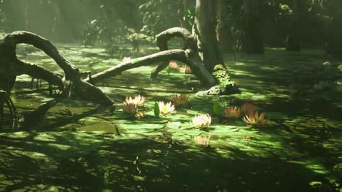 Tranquil Scene Featuring Lotus Clusters Under Curved Branches and Sunlight