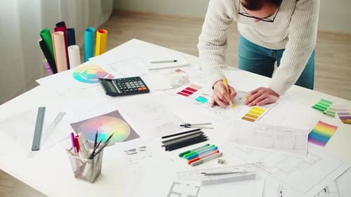 Architect Designer Workplace Top View Professional Engineer Drawing Interior Creator Working with