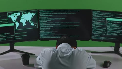 Tired Asian Man Developer Sleeping While Write Code With Multiple Computer Screens In Green Screen