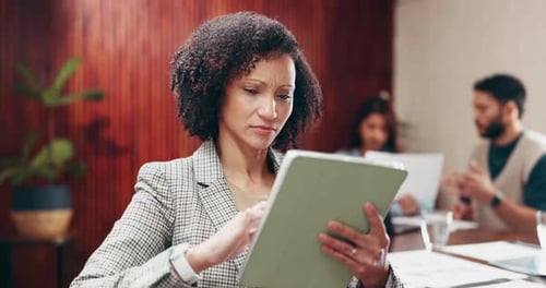 Business, woman and reading with tablet in office for research, editor feedback and manuscript