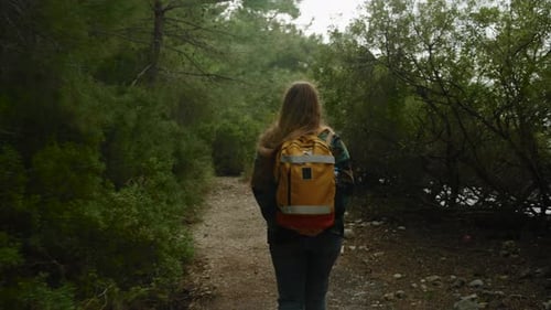 Rear view of a young woman hiking with an orange backpack, walking and traveling alone.
