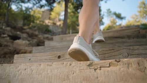 Woman Hikes Up Wooden Steps in Nature