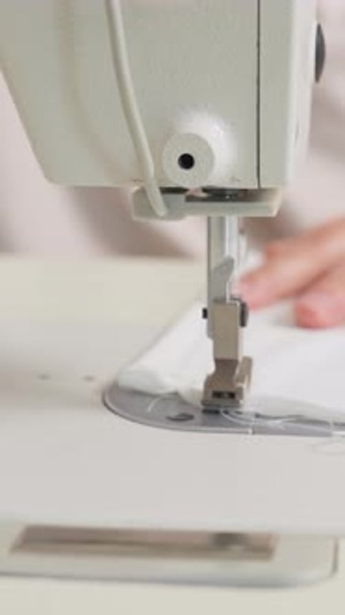 Sewing Machine Stitching White Fabric Close Up