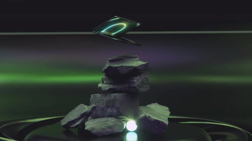 A Modern Laptop Hovers and Rotates Over a Stone Mountain