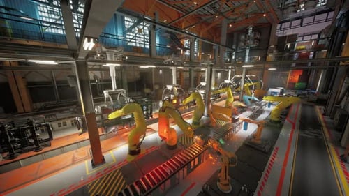 Fonctionnement de la bande transporteuse dans une usine moderne avec des bras robotiques au travail