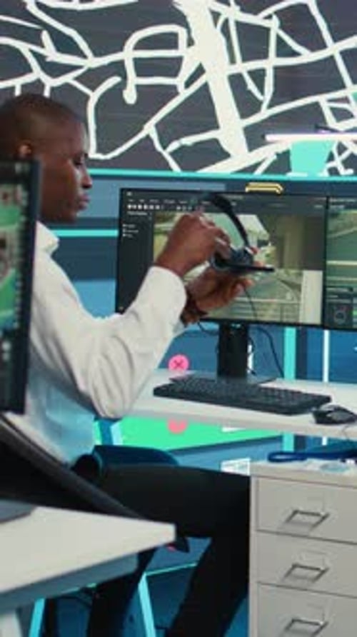 Vertical Video Operator Uses Satellite Navigation Map to Guide Delivery Truck Drivers