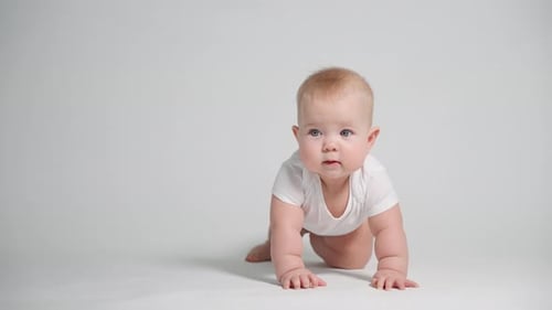 Ein 6 Monate altes Baby beginnt krabbeln zu lernen.