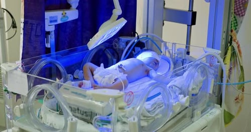 Bebé recién nacido prematuro en una incubadora de hospital bajo terapia de luz azul