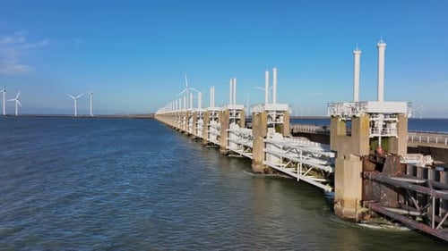 Aerial view of the concrete and steel construction of the Eastern Scheldt storm surge barrier in Zee