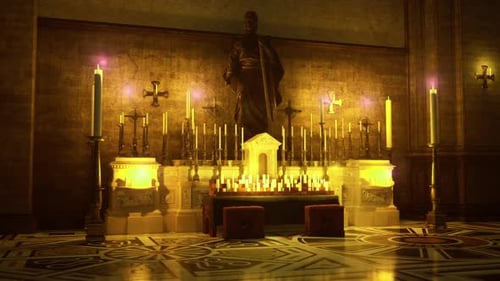 Altar religioso vintage iluminado por iluminação Cinematográfica e desenhos intrincados