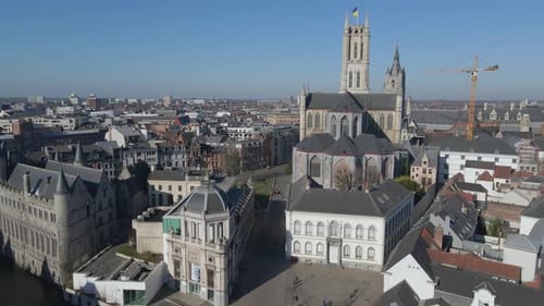 Flying towards St. Bavo's Cathedral in Ghent Belgium