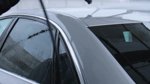 Washing Luxury Silver Car on Touchless Car Wash Washing Sedan Car with Foam Selfservice and High