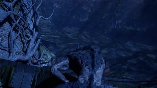 Creepy Haunted House In Foggy Forest: Closeup Of Werewolf On Roof On A Halloween Horror Night