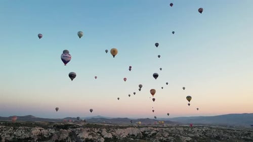 Sun Rise With Air Balloons In Turkey. A Lot Of Balloons In The Air