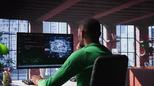 Black Tech Engineer Programming an AI Brain Neural Network for Machine Learning