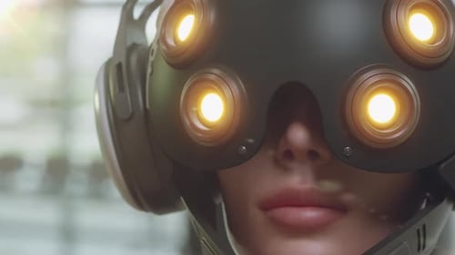Un homme-machine dans un casque futuriste regarde autour de lui avec un effet bokeh