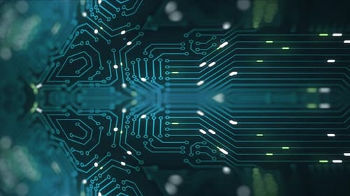 Futuristic Circuit Board with Glowing Data Flow Animation
