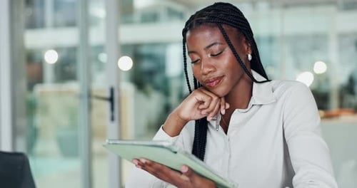 Tablet, stylus and vision with business woman in office for reading, manuscript editor and planning