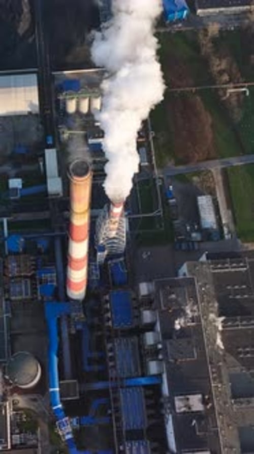 View of industrial smokestacks releasing steam in a factory setting