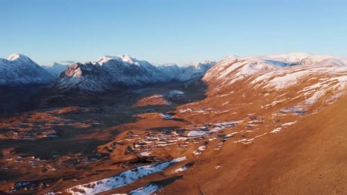 Aerial view of snow capped mountains, Russia.