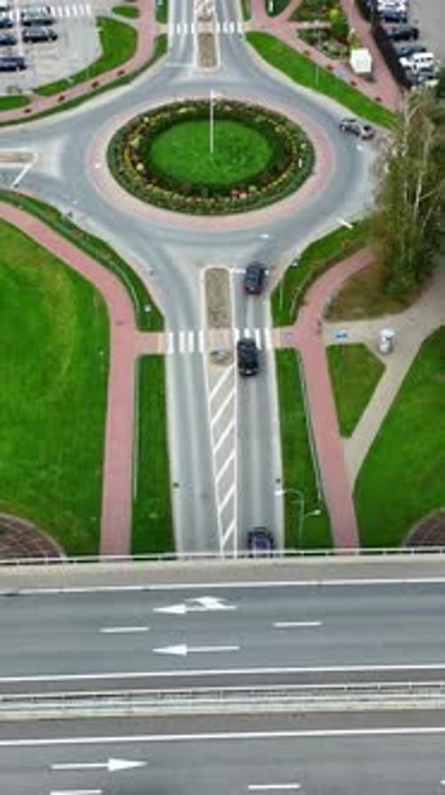 Vertical Aerial View Of Landscaped Roundabout And Pedestrian Infrastructure In Ikskile, Latvia