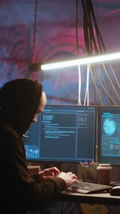 Vertical Video Hacker Arriving in Messy Base of Operations with Neon Lights and Graffiti Art