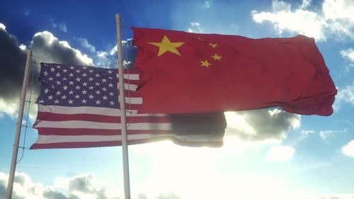 Realistic United States and China Flags Waving in Wind