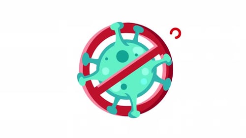 Animated Corona virus inside a no symbol flat icon.