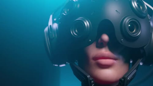 Un homme dans un casque futuriste regarde autour de lui sur fond bleu