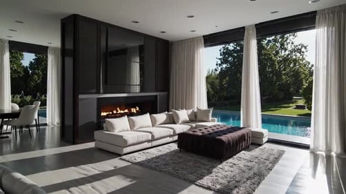 A Modern Living Room with a Stunning Poolside View and Cozy Comfortable Furnishings