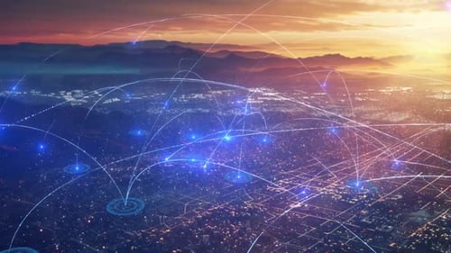 Futuristic City Network Connection with Data Flow Animation